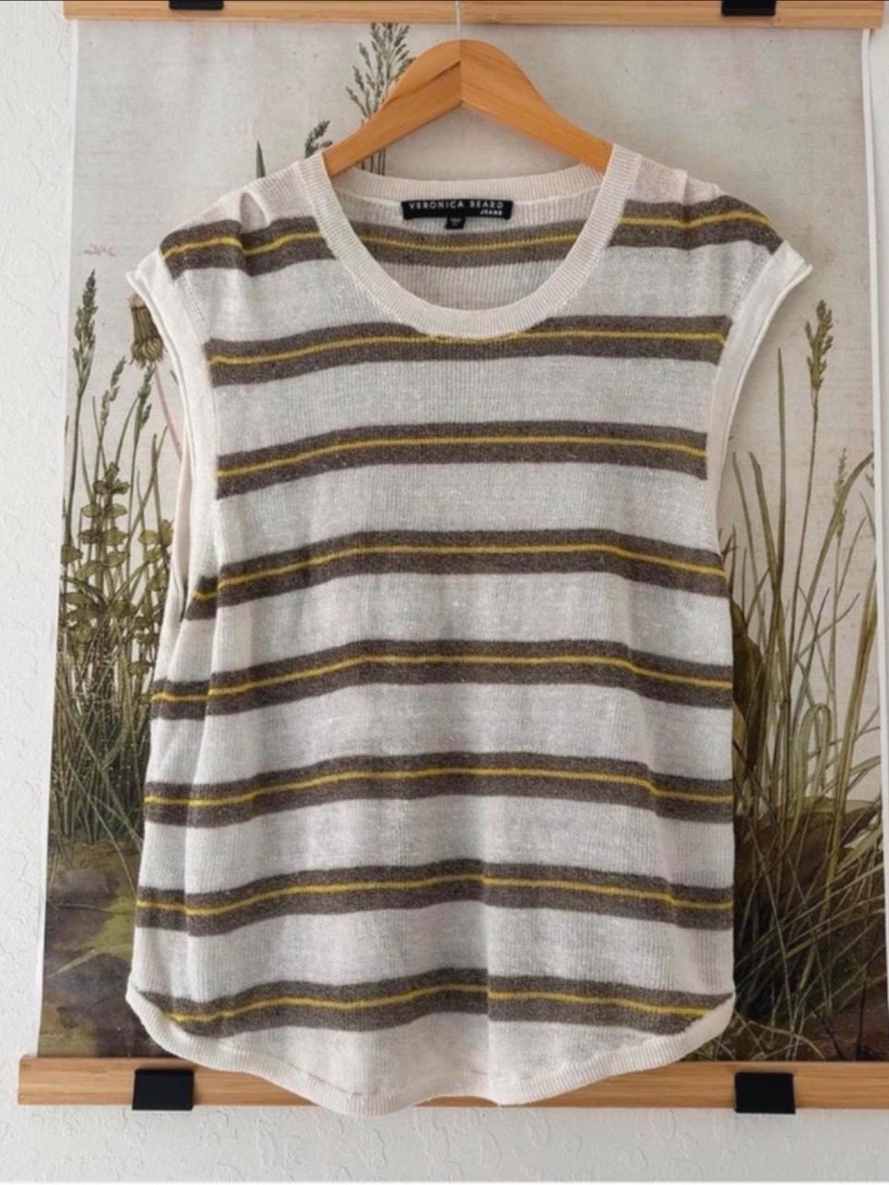 Veronica Beard White Tank Top with Gray & Mustard Stripes